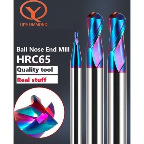 QIYE Ball Nose End Mill HRC65 2 Flute Nano Blue Coated Carbide Milling Cutter CNC Router Bit For Metal Tools Tungsten steel Tool