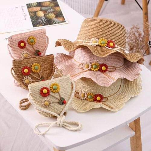 Summer childrens female sunscreen hat bag set princess straw hat outdoor flower accessories beach baby sun hat