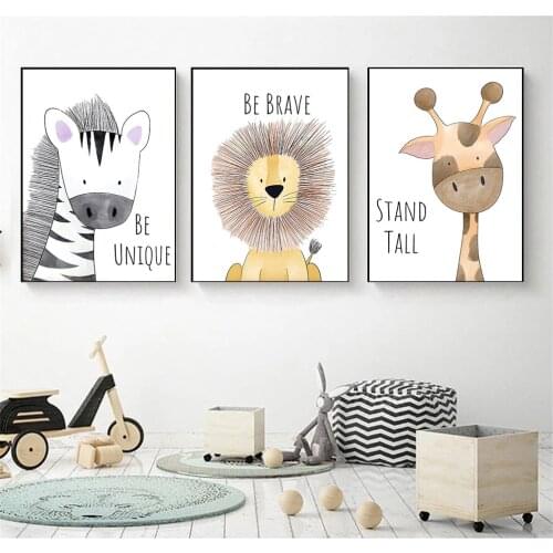 Nordic Modern Cartoon Zebra Lion Animal Picture Childrens Education Training Wall Art Decor Canvas Painting Printing Poster