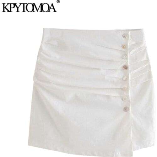 KPYTOMOA Women 2021 Chic Fashion With Buttons Pleated Mini Skirt Vintage High Waist Front Slit Female Skirts Mujer
