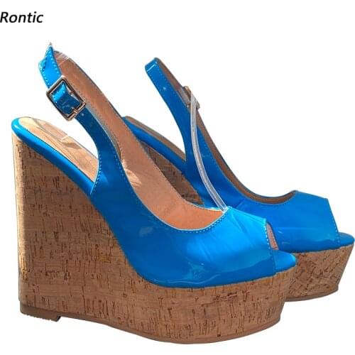 Rontic New Arrival Women Sandals Patent Leather Wedges Heels Peep Toe Sky Blue Pink White Black Party Shoes Size 34 45 47 52