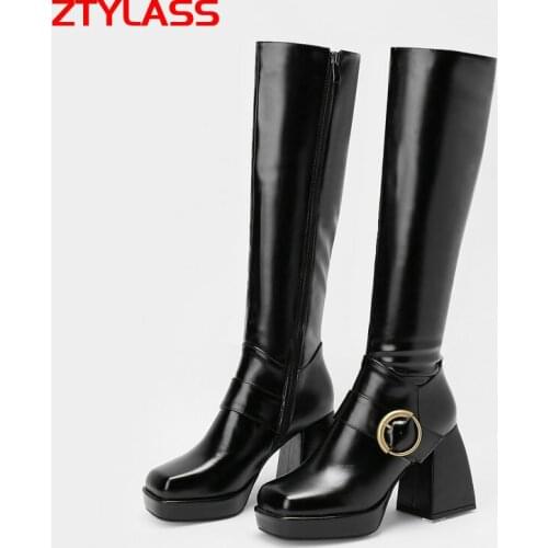 2021 Autumn Winter Platform Women Shoes Square Toe Buckle Knee High Boots Ladies Thick High Heel Zipper Long Boots Plus Size 43