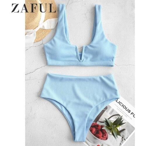 Zaful Ribbed V Cut High Rise Bikini Set Swimwear Women Swimsuit Special Fabric High waisted Solid Color 2020 New Fashion