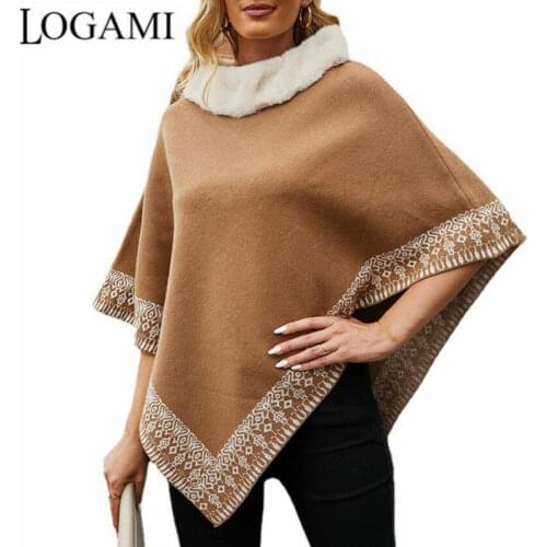 LOGAMI Fur Collar Print Poncho Women Bat Cape Shawl Coat Autumn Winter Ponchos and Capes
