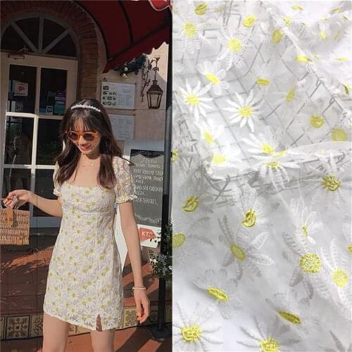 1 Yard Fashion high-end white yellow sunflower floral embroidery tulle lace fabric for dress skirt diy craft clothes accessories