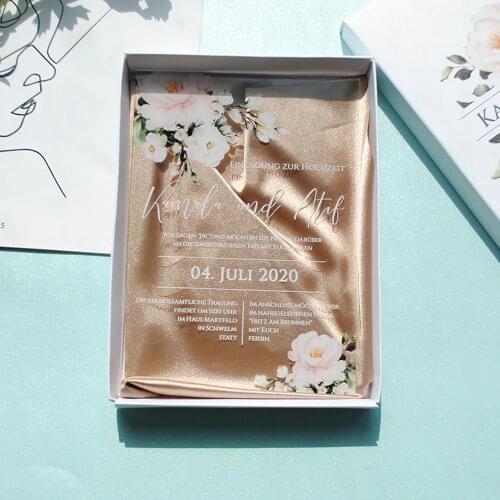 10pcs clear acrylic card with printed box custom printing flower acrylic wedding invitation card(satin need extra cost)