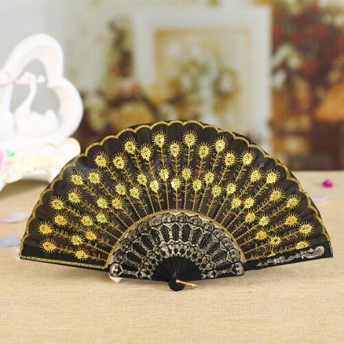 100pcs Plastic Embroidered Sequins Folding Flower Lace Fan Dance Hand Fans Party Wedding Decor Dancing Supplies Spanish Style
