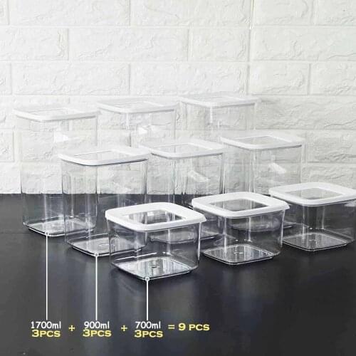 1700ml + 900ml + 700ml) 9 PCSStorage Box Kitchen Pantry Refrigerator Organizer Food High Quality Vacuum Rice Pasta Coffee European Modern Luxury Transparent Container Square Set Cover Noodles Legumes Grain Airtigh