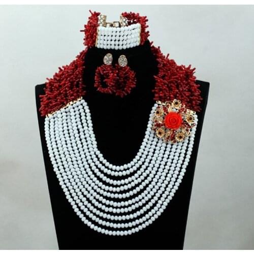 2017 Trendy Wine Coral Add White Crystal African Wedding Groom Beads Necklace Jewelry Set Bridal/Women Sets Free Shipping ANJ178