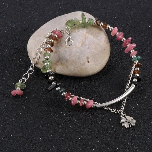 2020 Fashion Women Irregular Natural Stone Beads Bracelet Colorful Tourmaline Gem Stone Lucky Clover Charm Bracelets Bangles