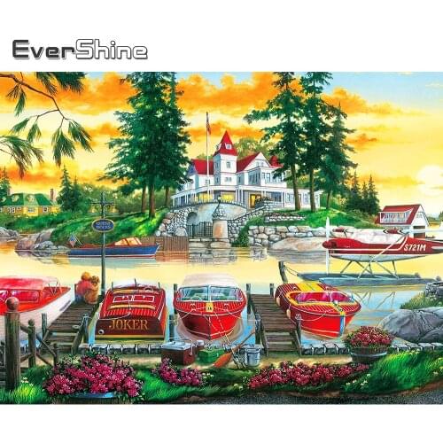 Evershine Diamond Embroidery House Landscape 5D DIY Diamond Painting Boat Full Square Round Rhinestones Mosaic Holiday Gifts