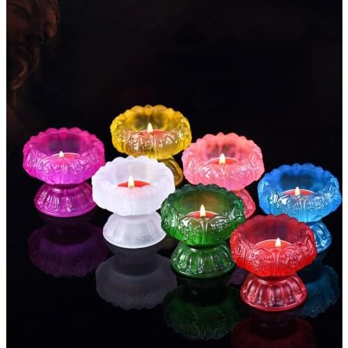 Colorful Glass Candle Cup Lamp Holder Embossed Romantic Lotus Flower Candlestick Buddhist Tibetan Supply Buddha Table Decoration