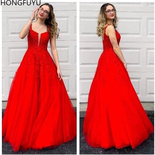 HONGFUYU Red A Line Tulle Prom Dress Floor Length Evening Dress with Lace Appliques vestidos de fiesta Zipper Back Formal Gowns