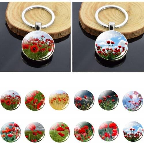 Poppy Flower Double-Sided Keychain Glass Cabochon Fashion Men Women Flower Pendant Key Ring Jewelry Car Key Chain Accessory Gift