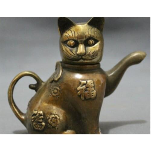Chinese Bronze Copper ZhaoCai Fu Cat Head Statue Flower Wine Pot Teapot