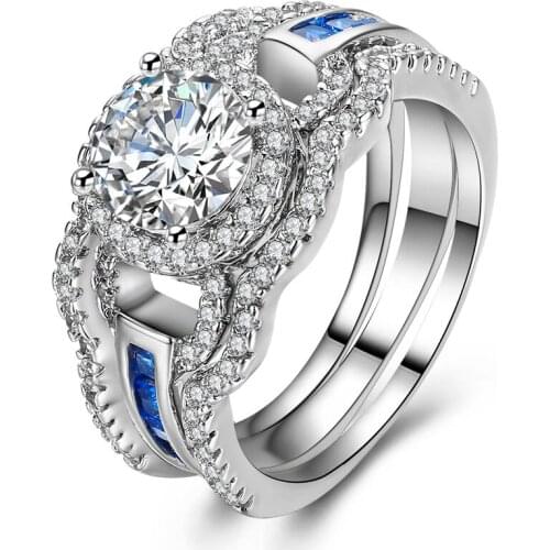 UFOORO 2017 Hot Silver Plated 3pcs Triple Ring Sets Blue White Zircon Engagemnet Wedding Ring For Women Jewelry Wholesale