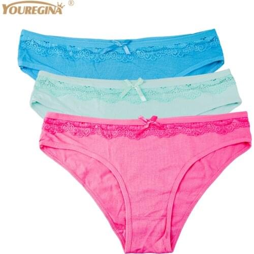 YOUREGINA Lace Women Cotton Briefs Underwear Sexy Cute Print Panties Breathable Ladies Female Lingerie Intimates 3pcs/lot M L XL