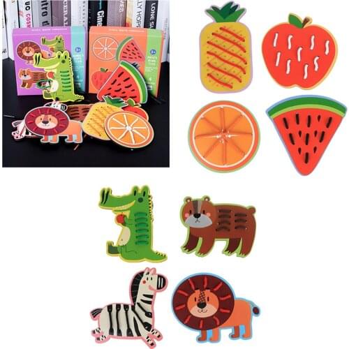 Lace & Trace: Wild Animals/Fruit Shape Lacing Board with Wooden Panels and Matching Laces Toy
