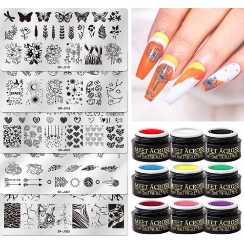 MEET ACROSS 5/8Pcs/Set Nail Stamping Gel Polish with Stamping Plate Stamp Nail Art Template Nail Color Printing Gel Varnish