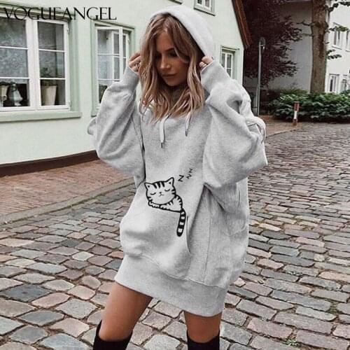 Fashion Womens Cat Printed Long Sleeve Hoodies Pullovers Autumn Winter Cat Ear Hooded Sweatshirts Tops Spring Streetwear Hoodies