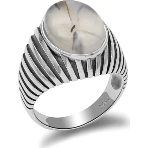 Turkish Jewelry 925 Sterling Silver Men Agatge Ring with Big Natural Stone Vintage Stripe Thai Silver Rings to Male Women Gift