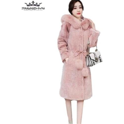 Tnlnzhyn 2019 New Fashion Faux Fox Fur Coat Women Winter Medium Long Luxury Warm Fur Coats Female Fur Collar Hooded Jackets Y571