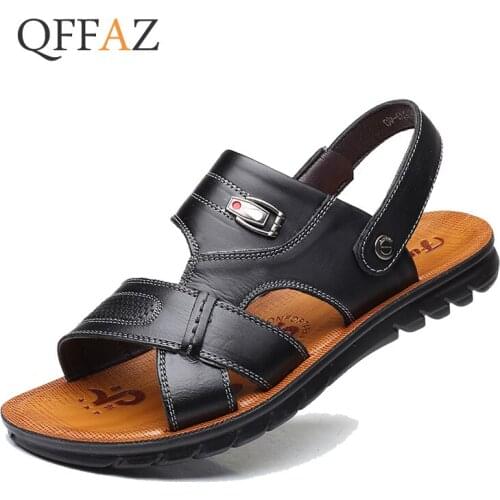QFFAZ Mens Summer Sandals Genuine leather comfortable slip-on casual sandals fashion Men slippers zapatillas hombre size 38-44