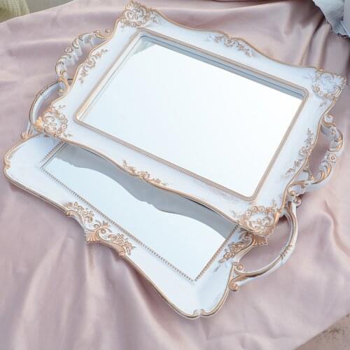 Oval Resin Tray Golden Retro Glass Mirror Skin Care Product Storage Accessories Plate Bathroom Tray French Retro Home Decoration