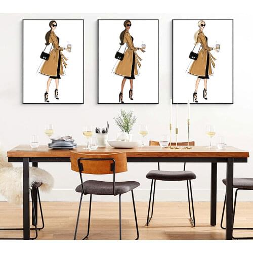 Nordic Poster Fashion Photography Windbreaker Woman Coffee Pose Painting Modern Art Print Wall Picture Living Bedroom Home Decor