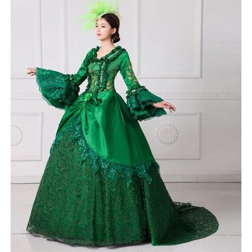 Real luxury green lace beading carnival bubble ruffle court medieval dress princess queen cosplay gown ball long dress/ball gown