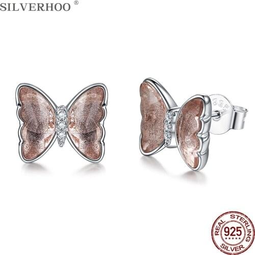 SILVERHOO 925 Sterling Silver Earring Luxury Butterfly Women Earrings Pink Austria Crystal Fine Jewelry Hot Selling Party Gift
