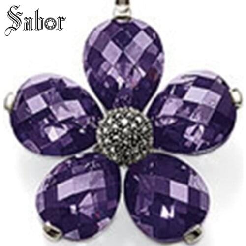 Silver color Purple Big Crystal Flower Pendant with Eyelet Fit Necklaces European Fashion Jewelry for Women thomas jewellery