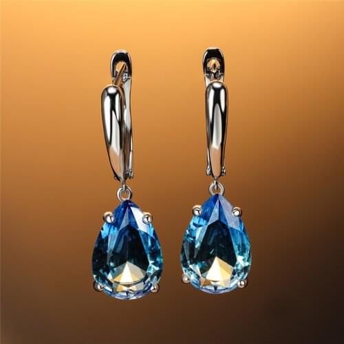 Blue Green Crystal Water Drop Zircon Dangle Earrings For Women Vintage Fashion Rainbow Gradient Stone Earrings Wedding Jewelry