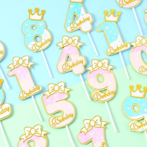 Numbers Birthday Cake Topper Cute Pink Blue Crown Paper Nubmer Cupcake Topper for Birthday Party Cake Decorations Baby Shower