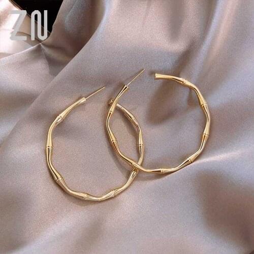 ZN Unusual Ear Accessories Personality Design Metal Golden Bamboo Shape Big Hoop Earrings Fashion Korean Jewelry Romantic Gifts