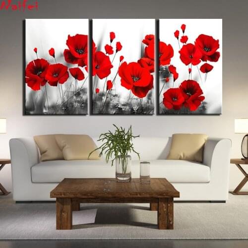 Triptych poppy 5d Diamond Painting Full 3pcs Black and White Background Red Flower Diamond Embroidery Mosaic Rhinestone Picture