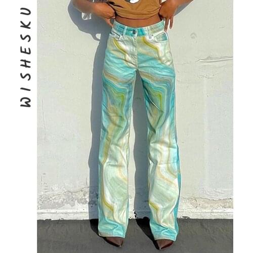 Streetwear Summer Random Tie Dye Printed Pants High Waist Straight Gradient Color Loose Y2K Wide Leg Trousers 2021 Korean Style