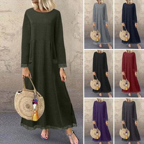 Vintage Lace Patchwork Dress Womens Autumn Sundress ZANZEA Casual Long Sleeve Maxi Vestidos Female O Neck Robe Femme Oversized