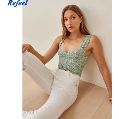 Vintage Green Floral Print Slim Women Top Fashion Women Elastic Tank Top Elegant Chiffon Camisole