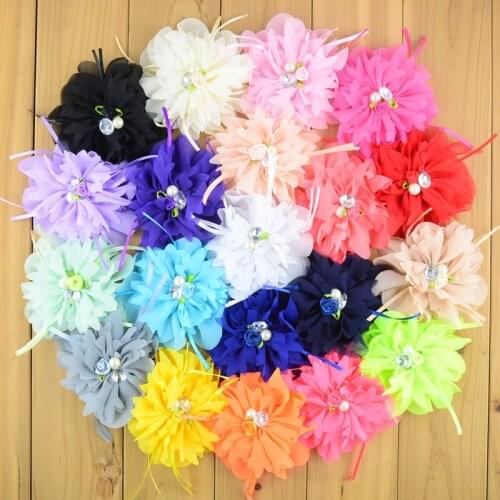 Yundfly 10pcs Artificial Bowknot Chiffon Rolled Rosette Flower With Pearls Rhinestone Solid Fabric Flowers For Baby Headbands
