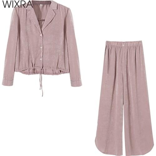 Wixra Women 2 Piece Set Single Breasted Notched Drawstring Blouse+Elastic High Waist Loose Straight Wide Leg Pants Lady Suit
