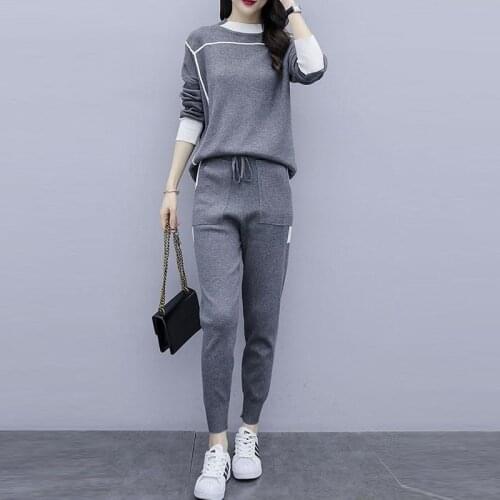 Fashion Contrast Color Knitted 2-Piece Suit Women Long Sleeve O-Neck Pullover And Sweatpants Korean Style Spring Tracksuit