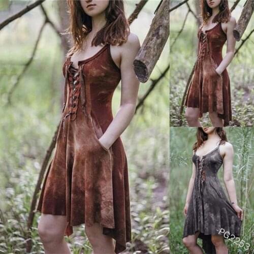 Medieval Vintage Lace Up Gothic Witch Elf Elven Costume Women Halloween Victorian Casual Mini Dress Lady Plus Size 5xl