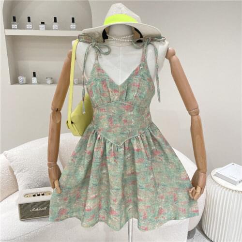 South Korea Fashion Women Summer Sleeveless Halter Floral Dress Elegant Defined Waist Shirt Tunic Dress Ladies Dames Streetwear