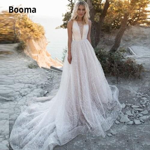 Booma A Line Wedding Dresses V Neck Sleeveless Sequins Wedding Gowns Boho Sweep Train robe de mariée Open Back
