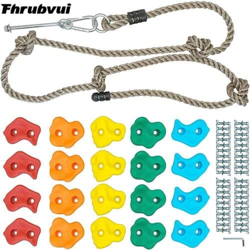 20 Assorted Kids Climbing Rock Holds with Knotted Rope Kit - Mounting Hardware Indoor and Outdoor Playground Play Set