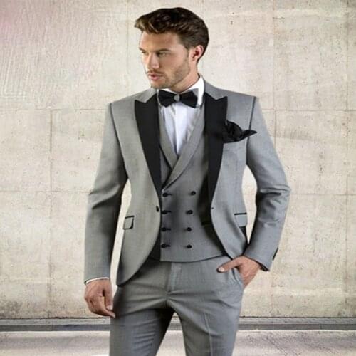 3 Piece Grey Peak Lapel Wedding Suits For Men Slim Fit Mens Double Breasted Vest Jacket Costume Formal Terno Masculino Clothing