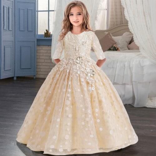 Teenagers White Long Sleeve Flower Girl Formal Dress Elegant Kids Dresses For Girls Wedding Bridesmaid Princess Dress