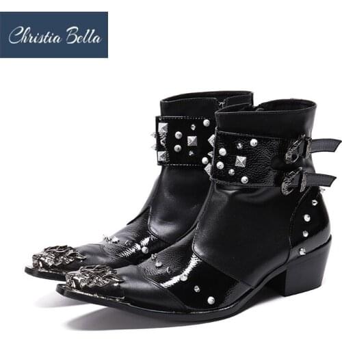 Christia Bella Large Size Black Genuine Leather Men Motorcycle Short Boots Man Metal Pointed Toe Heighten Boots Male Party Boots