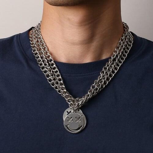 Jewdy 3Pieces/Set Cuba Thick Chain Smile Face Pendant Necklace Women/Girl Punk Neck Chain 2021 Fashion Unisex Party Jewelry